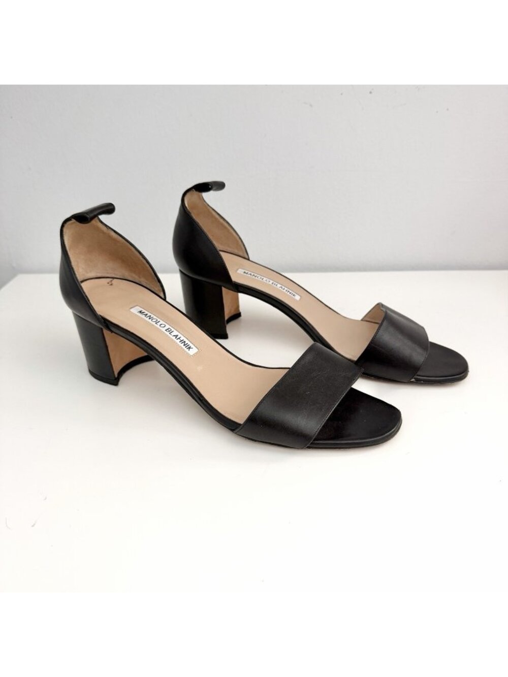 Manolo Blahnik Black Leather Peep Toe Sandal Block Heel Sz 40 / US 10 : NO STRAP
